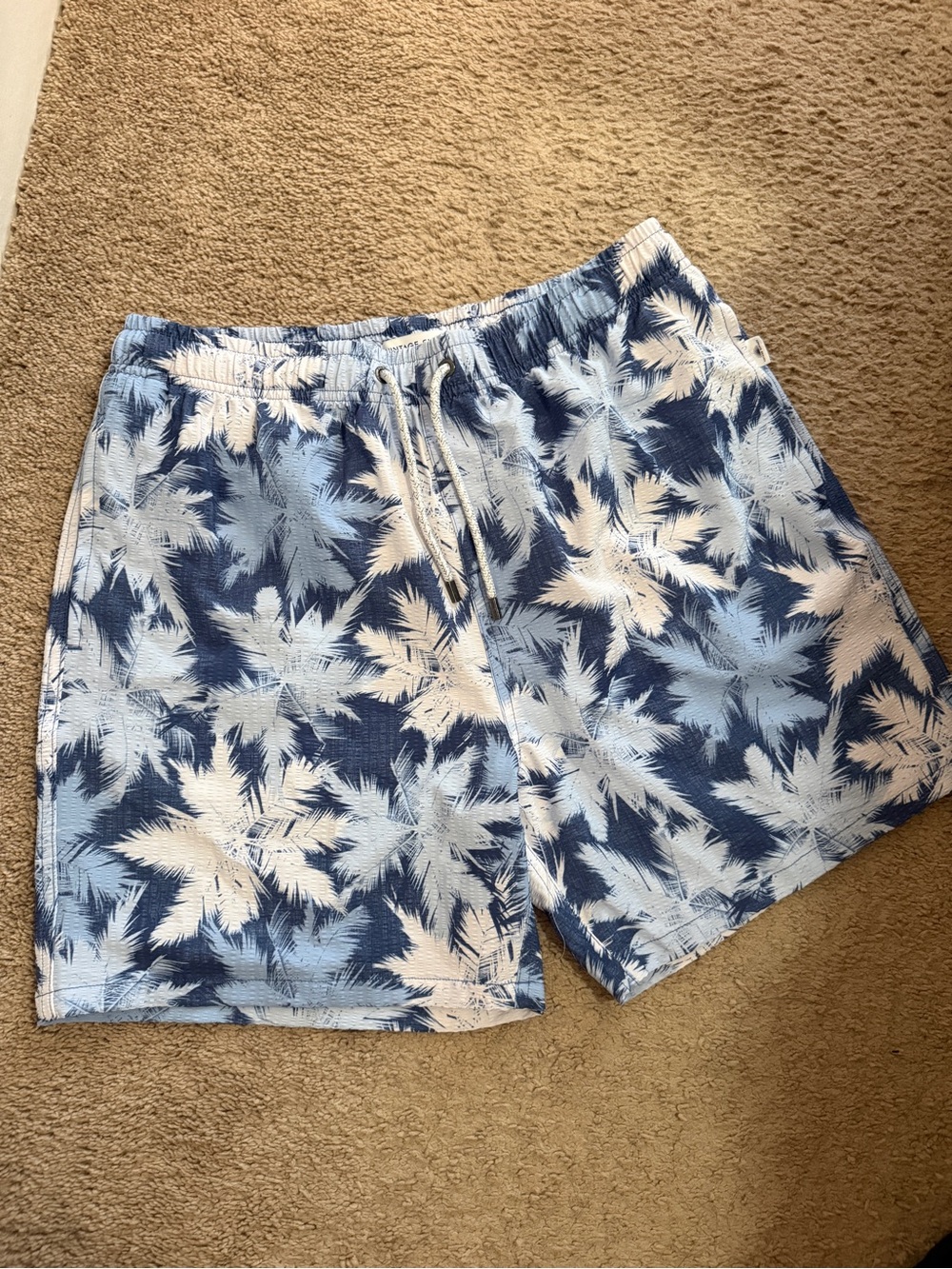 Navy & Light Blue Palm-Print Men's Swim Trunks